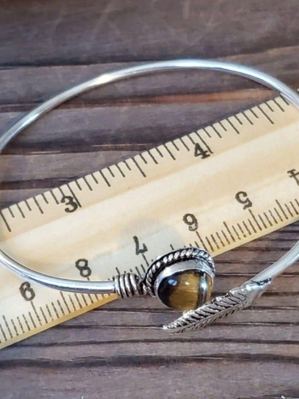 Handcrafted Tigers Eye Carved Leaf Gemstone Sterling Silver Overlay Artisan Cuff - Picture 7 of 7
